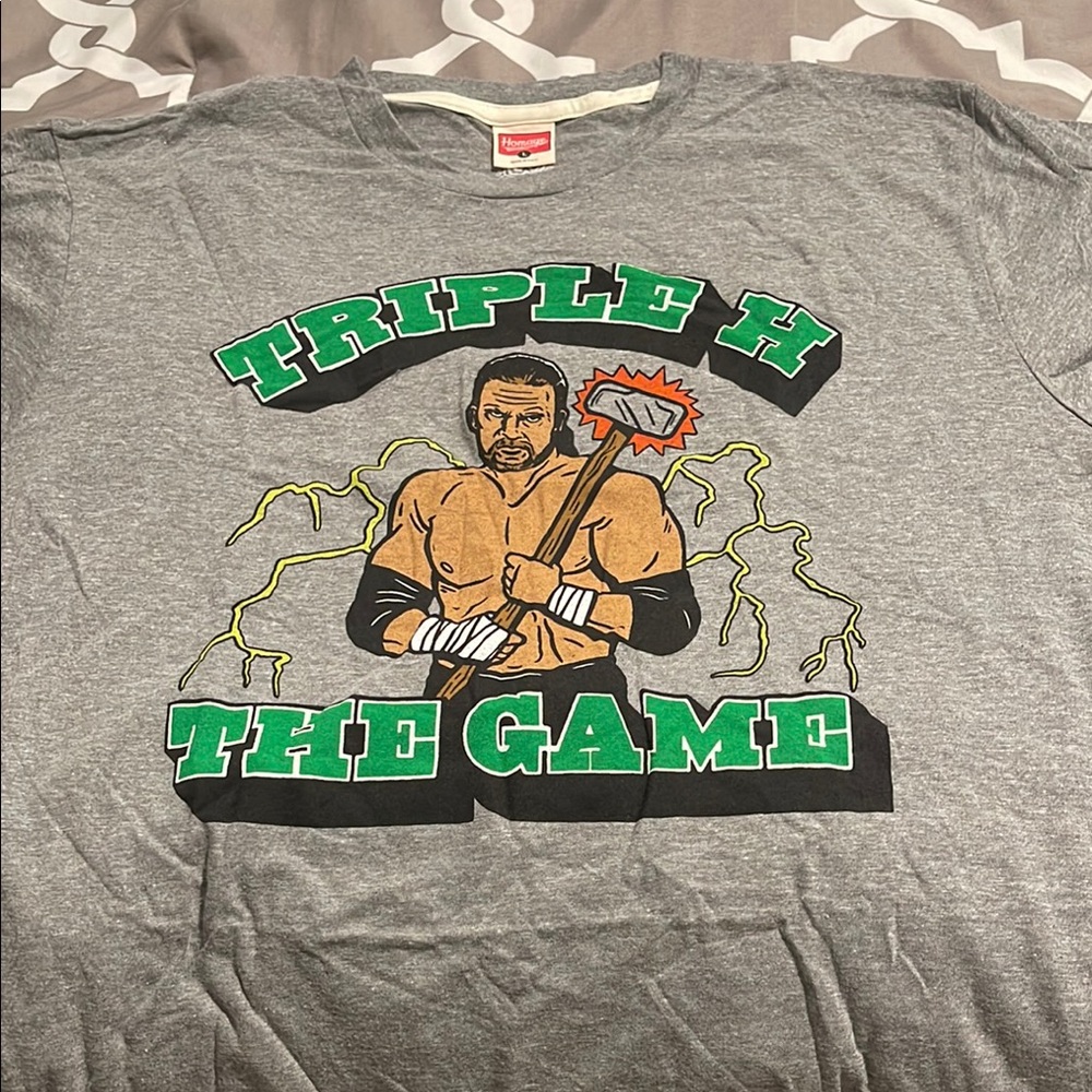 HOMAGE Triple H Gray and Green Sports Graphic Tee